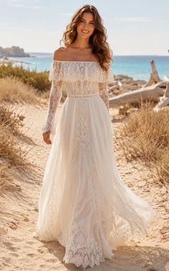 Boho-Hochzeitskleid im ibizenkischen A-Linien-Stil mit schulterfreiem Oberteil und langen Häkelärmeln und