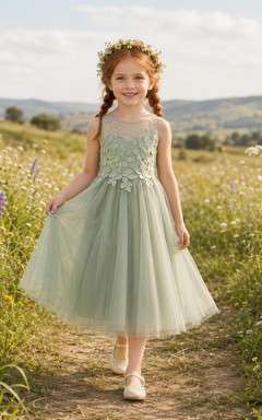 Sage Flower Girl Dress Boho Tea-Length A-Line Sleeveless Illusion Floral Lace Applique Tulle
