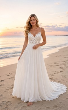 Vestido de novia de corte A con tirantes finos para la playa