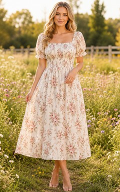 Floral Smocked Waist Square Neck Prairie Midi Dress