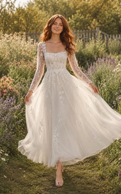 Garden Long Sleeve Lace A-Line Tea-Length Wedding Dress