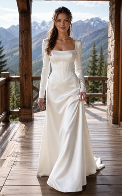 Robe de mariée de style chalet de montagne en satin à manches longues et taille basque