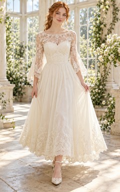 Tea-length Bell Sleeve Floral Lace Chiffon A-line Wedding Dress