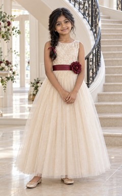 Ivory Floral A-line Tulle Sleeveless Ankle-length Burgundy-sashed Rosette-waist Flower Girl Dress