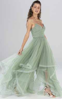 Robe de soirée élégante en tulle, longue sans manches, coupe trapèze, dos nu et volants