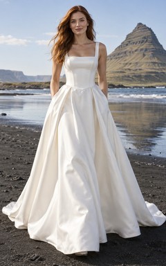 Vestido de novia sencillo de corte A en satén duquesa con escote cuadrado, tirantes anchos y cintura puntiaguda.