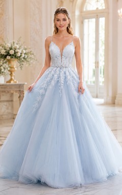 Himmelblaues, tief ausgeschnittenes V-förmiges Spitzenkorsett-Tüll-Ballkleid Hochzeitskleid