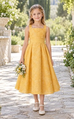 Square Neck Tea-length Gold Floral Sleeveless Pleated Jacquard Flower Girl Dress