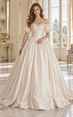 Victorian Off Shoulder Satin Corset Puff Sleeve Full Wedding Dress