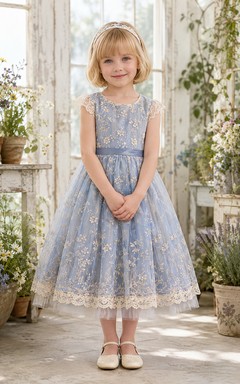 Vestido de niña de las flores azul cielo, encaje, tul, corte en A, cuello joya, largo hasta la rodilla