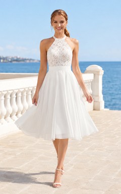 Bohemian Tea-Length High Neck Halter Lace Beach Romantic Wedding Dress