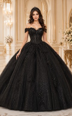 Black Quinceanera Regal Ball Gown Off-the-shoulder Lace Short Sleeve Floor-length Romantic Dress