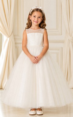 Vestido de niña de las flores, vestido de gala de tul color marfil, cuello cuadrado, largo hasta la rodilla, plisado.
