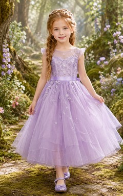 Lavender Bohemian A-Line Tulle Flower Girl Dress Sleeveless Scoop Neck Tea-Length Garden Bow