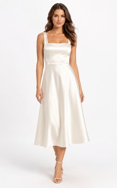 Robe cocktail plissée en satin blanc à col carré et longueur thé