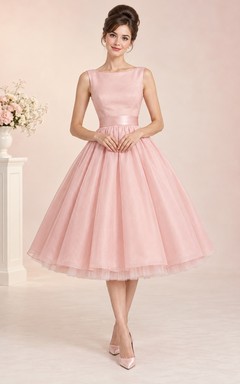 1960s Tea-length Blush Bateau Satin Bodice Tulle A-line Prom Dress