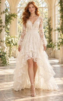 Boho High-low Long Bell Sleeve V-neck Lace A-line Wedding Dress