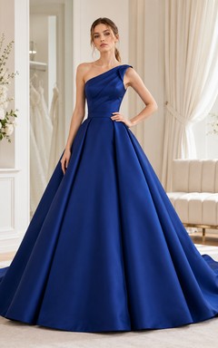 Robe de mariée de bal plissée asymétrique en satin saphir
