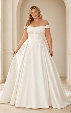 Vestido de novia de satén de talla grande con hombros descubiertos y cintura tipo vasco.