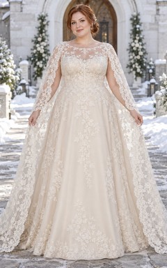 Vestido de novia de talla grande con manga larga, encaje floral y capa, corte A