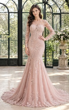 Vestido de novia bohemio sirena elegante y romántico con estampado floral, edición B de encaje.