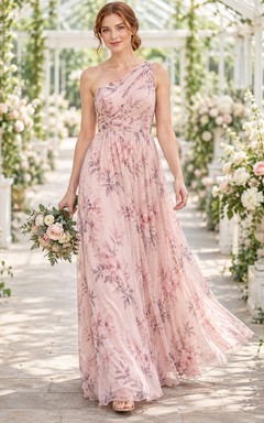 Vestido de dama de honor de gasa rosa rubor con estampado floral, un solo hombro, drapeado y largo hasta el suelo, corte en A.
