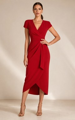 Red Wrap V-neck Tulip Midi Occasion Dress