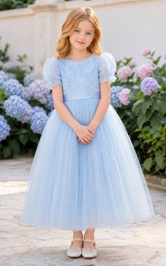 Flower Girl Dress Sky Blue Tulle A-Line Jewel Neck Tea Length Bow Back