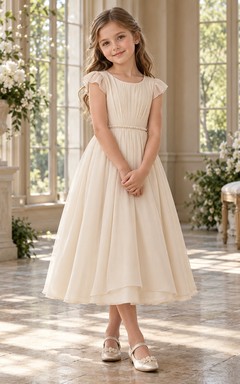Tea-length Simple Ivory A-line Chiffon Flutter-sleeve Pleated-bodice Bow-back Flower Girl Dress