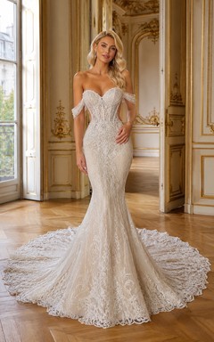 Edles Brautkleid im Meerjungfrauenstil mit herzförmigem Ausschnitt, kurzen Ärmeln und Kapellenschleppe, verziert mit Applikationen, für Hochzeiten im Gartenstil