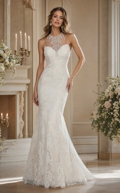 Vestido de novia de sirena sin mangas con cuello alto, escote ilusión y apliques.