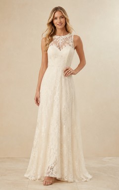 Robe de mariée Illusion Keepsake, coupe trapèze, longueur au sol, col montant, sans manches, en dentelle, style modeste