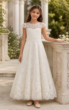 Modest Floor-length A-Line Scoop Cap Sleeve Floral Lace Flowergirl Dress