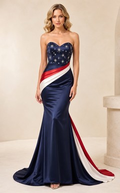 Dark Navy Strapless Sleeveless Beaded Satin Mermaid Floor-length Sweep Draped Luxury Formal Gown