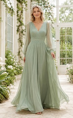 Modest Sage V-Neck Long Poet Sleeve Chiffon A-Line Floor-Length Gown