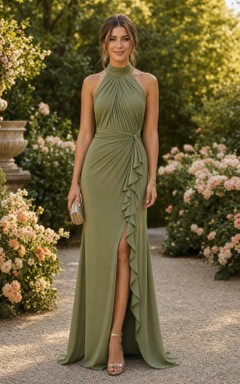 Sage Halter Chiffon A-Line Dress with Ruffle Slit