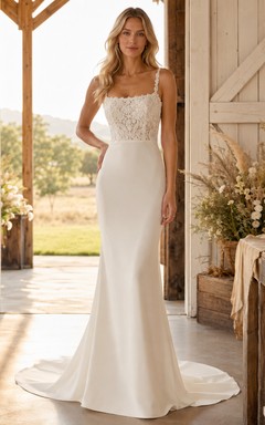 Robe de mariée bohème simple fourreau en dentelle, en crêpe, style grange