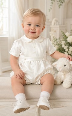 White Pintuck Bib Peter Collar Short Sleeve Christening Bubble for Baby Boy