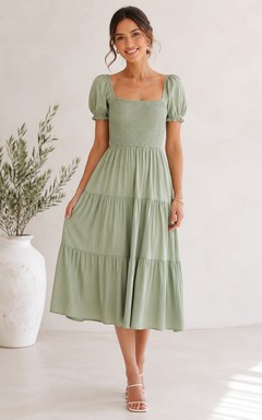 Sage Puff Sleeve Tiered Square Neck Tea-Length Dress