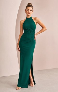 Emerald Green Satin High Neck Ruched Sheath Slit Formal Dress