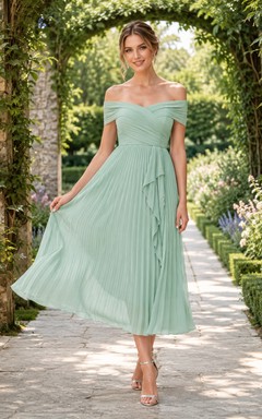 Mint Green Off Shoulder Pleated Ruffle Midi Guest Dress