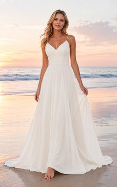 Beach Chiffon Tulle Wedding Dress A-Line Spaghetti Strap Floor Length Bridal Gown