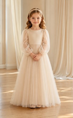 Vestido de niña de flores de tul color champán de manga larga con lazo
