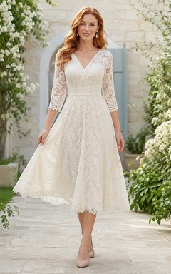 Ivory Lace V-Neck Long-Sleeve Chiffon A-Line Tea-Length Formal Dress