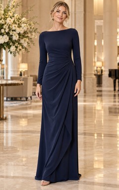 Vestido de noche formal de corte barco, manga larga, drapeado lateral, azul marino oscuro, estilo tubo, corte modesto, largo hasta el suelo.
