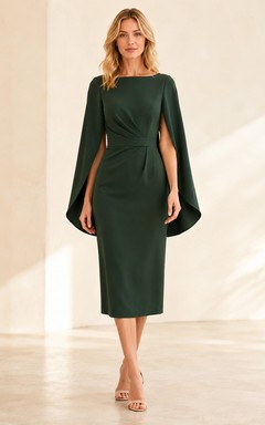 Robe de bal midi en crêpe vert forêt, encolure bateau, manches cape, taille cintrée et jupe fourreau