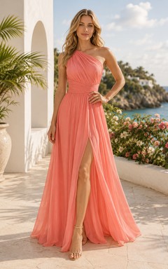 Coral One Shoulder Chiffon A-Line Formal Dress