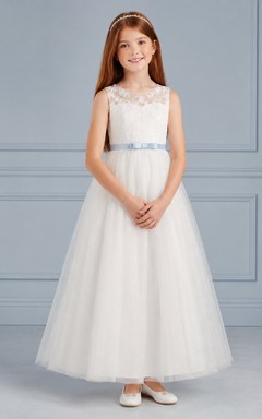 Blue Sash Lace Bodice Tulle A-Line Flower Girl Dress with Jewel Neck, Tea-Length Skirt and Sash Detail