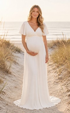 Maternity Wedding Dress V-Neck Short Sleeve Simple Beach Bridal Gown