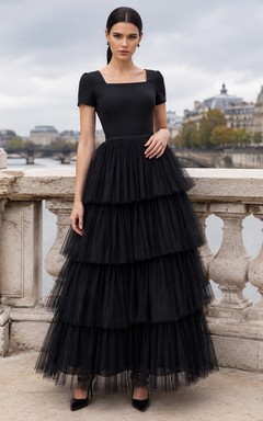 Black Square Neck Short Sleeve Tiered Tulle Ball Gown Floor-Length Vintage Formal Dress